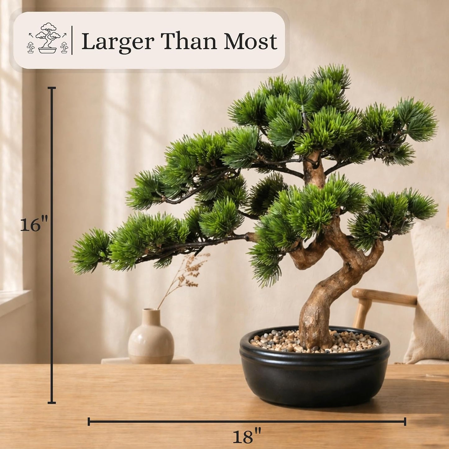Artificial Bonsai Tree 16" Tall with Realistic Wood and Ceramic Pot, Fake Plants for Home, Bedroom and Office Desk, Japanese Decor