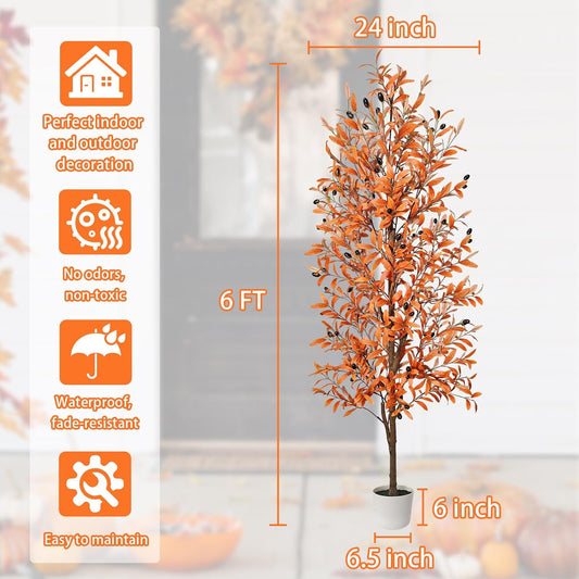 Artificial Olive Tree, Fall Tree for Outdoor Indoor Porch Entryway, Orange Potted Fake Tall Plants, Autumn Decoration for Home Office Party Thanksgiving Halloween, 6ft