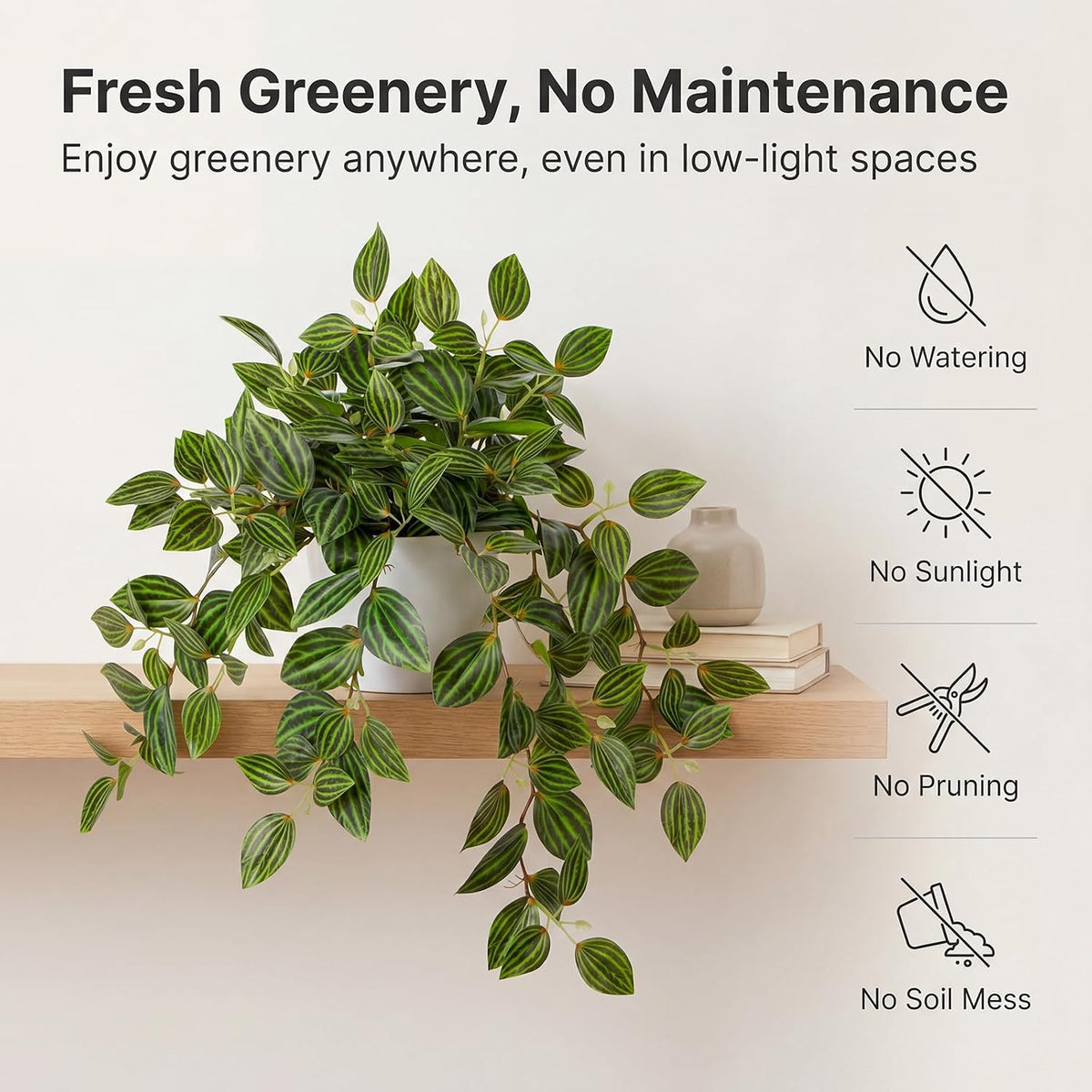 Artificial Potted Plant Indoor, 17.7" Faux Watermelon Peperomia Trailing Plant in White Plastic Pot Realistic Fake Cascading Greenery for Shelf Bathroom Office Desk Tabletop Home Decor