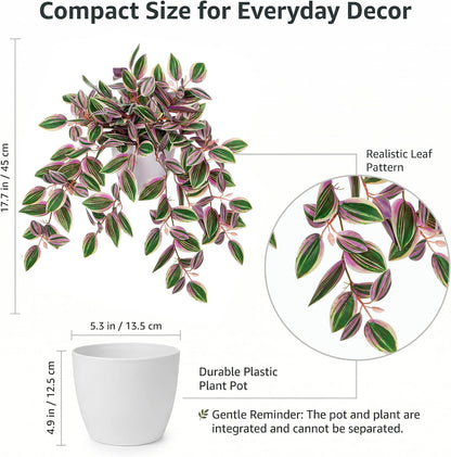 Artificial Potted Plant Indoor, 17.7" Faux Watermelon Peperomia Trailing Plant in White Plastic Pot Realistic Fake Cascading Greenery for Shelf Bathroom Office Desk Tabletop Home Decor