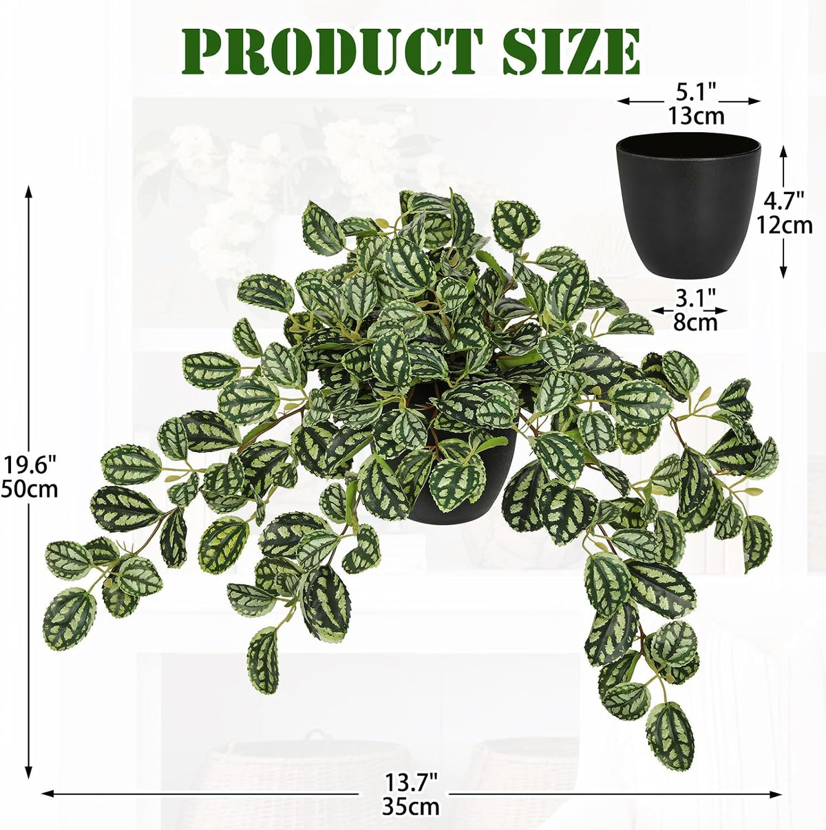 Artificial Potted Plant Indoor, 17.7" Faux Watermelon Peperomia Trailing Plant in White Plastic Pot Realistic Fake Cascading Greenery for Shelf Bathroom Office Desk Tabletop Home Decor