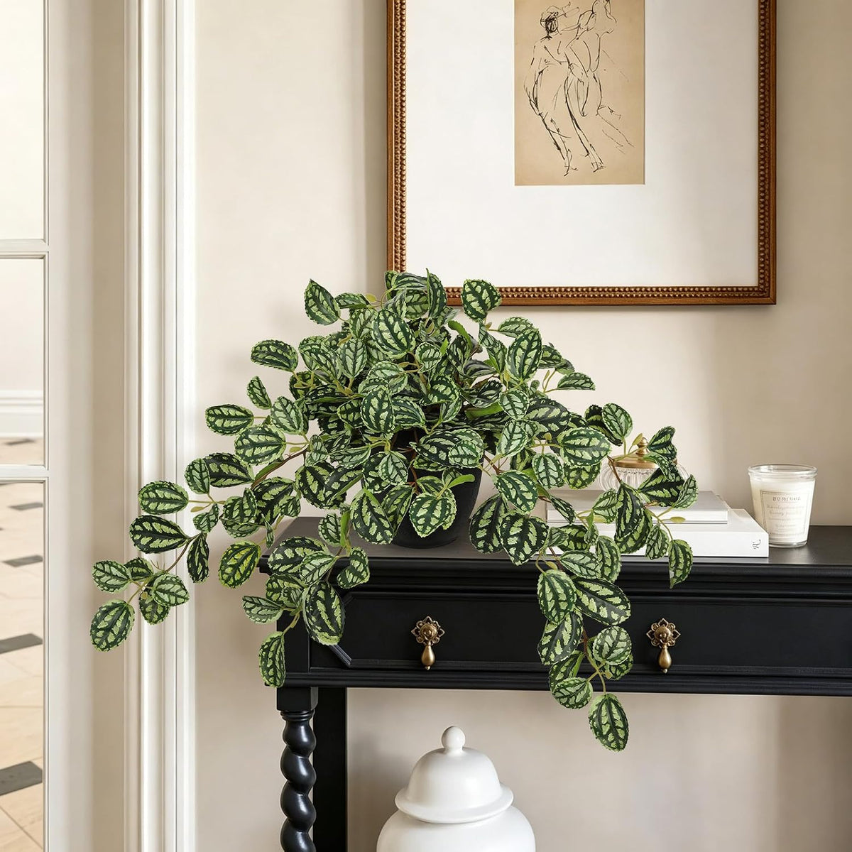 Artificial Potted Plant Indoor, 17.7" Faux Watermelon Peperomia Trailing Plant in White Plastic Pot Realistic Fake Cascading Greenery for Shelf Bathroom Office Desk Tabletop Home Decor