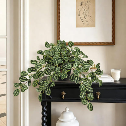 Artificial Potted Plant Indoor, 17.7" Faux Watermelon Peperomia Trailing Plant in White Plastic Pot Realistic Fake Cascading Greenery for Shelf Bathroom Office Desk Tabletop Home Decor