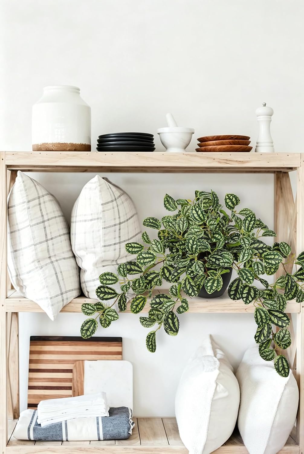 Artificial Potted Plant Indoor, 17.7" Faux Watermelon Peperomia Trailing Plant in White Plastic Pot Realistic Fake Cascading Greenery for Shelf Bathroom Office Desk Tabletop Home Decor