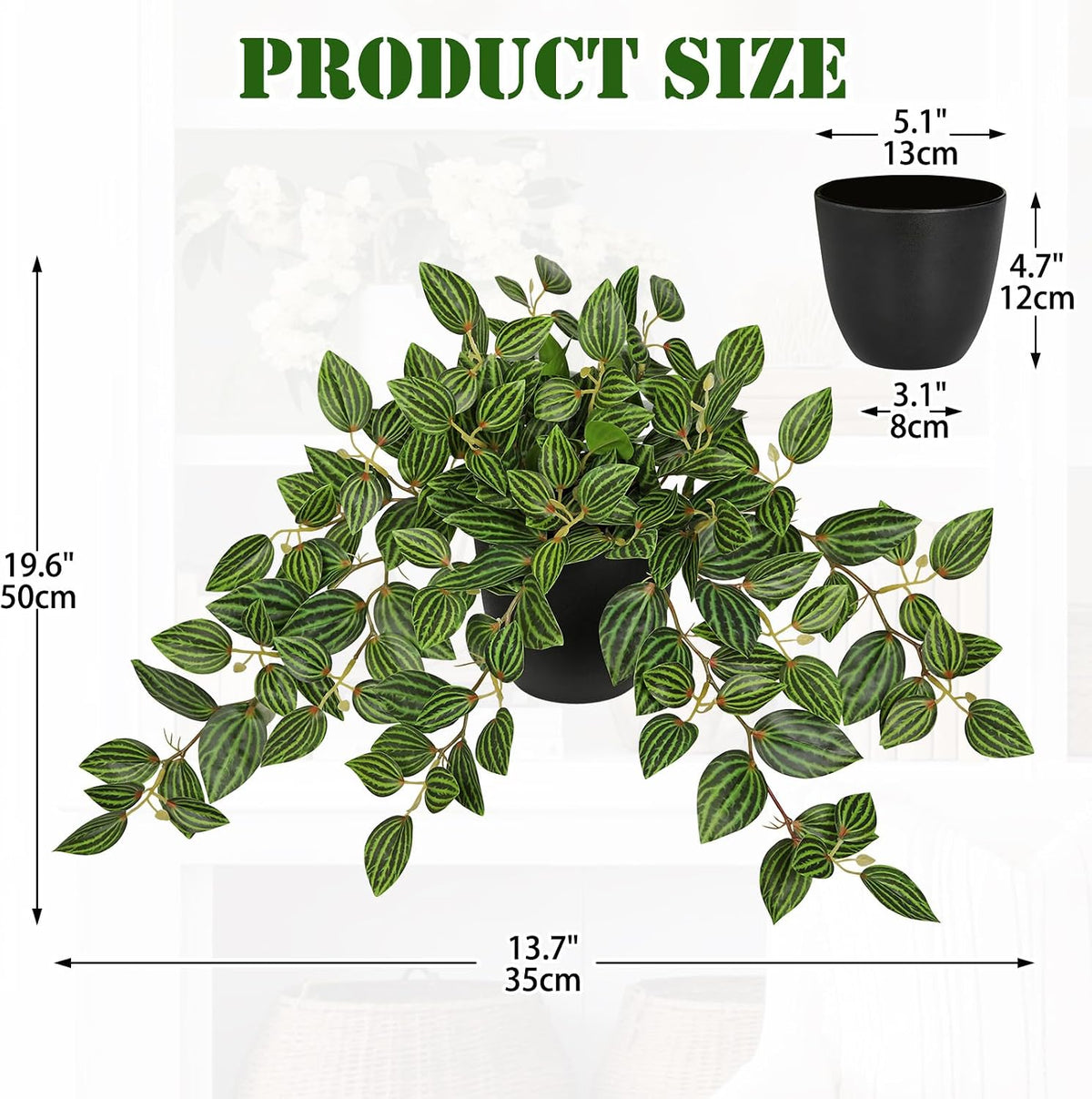 Artificial Potted Plant Indoor, 17.7" Faux Watermelon Peperomia Trailing Plant in White Plastic Pot Realistic Fake Cascading Greenery for Shelf Bathroom Office Desk Tabletop Home Decor