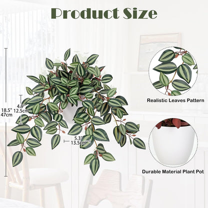 Artificial Potted Plant Indoor, 17.7" Faux Watermelon Peperomia Trailing Plant in White Plastic Pot Realistic Fake Cascading Greenery for Shelf Bathroom Office Desk Tabletop Home Decor