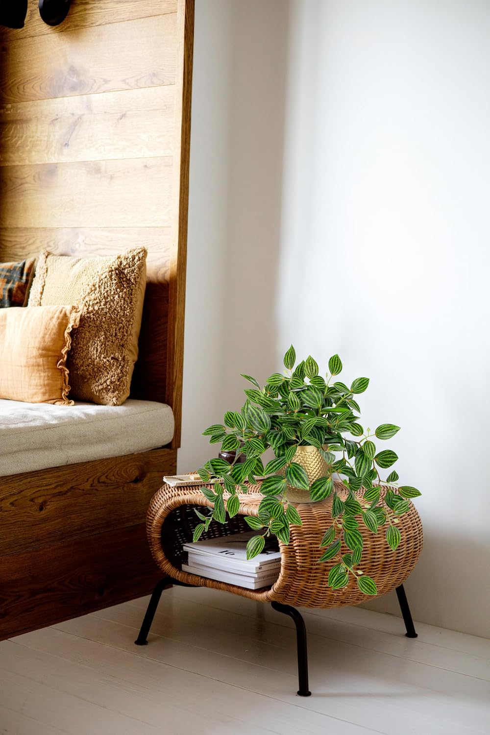 Artificial Potted Plant Indoor, 17.7" Faux Watermelon Peperomia Trailing Plant in White Plastic Pot Realistic Fake Cascading Greenery for Shelf Bathroom Office Desk Tabletop Home Decor