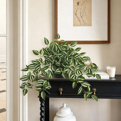 Artificial Potted Plant Indoor, 17.7" Faux Watermelon Peperomia Trailing Plant in White Plastic Pot Realistic Fake Cascading Greenery for Shelf Bathroom Office Desk Tabletop Home Decor