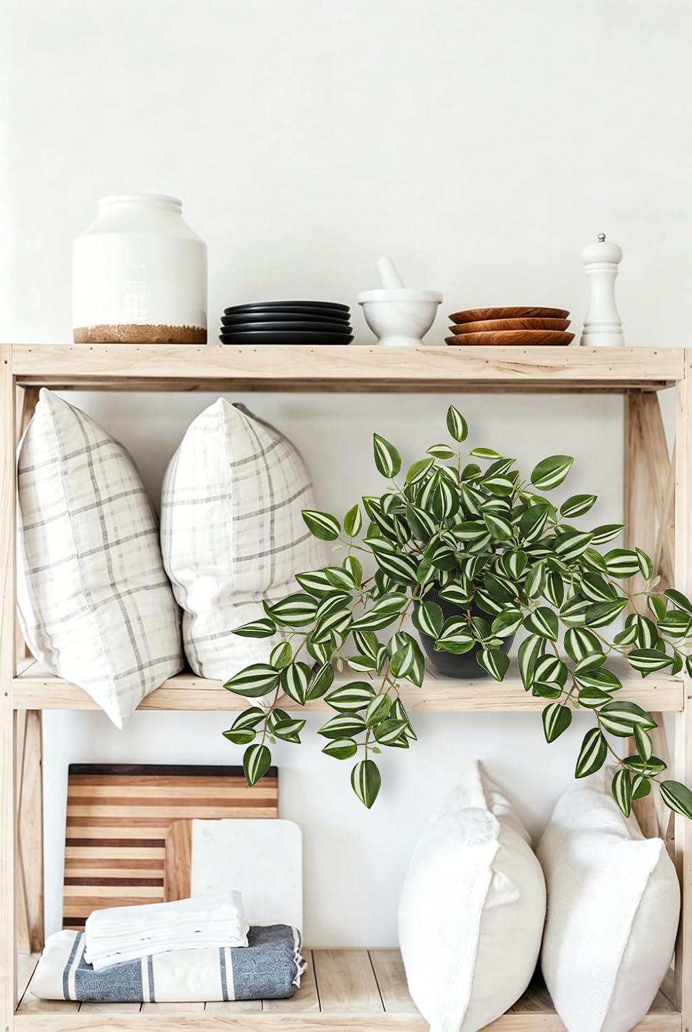 Artificial Potted Plant Indoor, 17.7" Faux Watermelon Peperomia Trailing Plant in White Plastic Pot Realistic Fake Cascading Greenery for Shelf Bathroom Office Desk Tabletop Home Decor