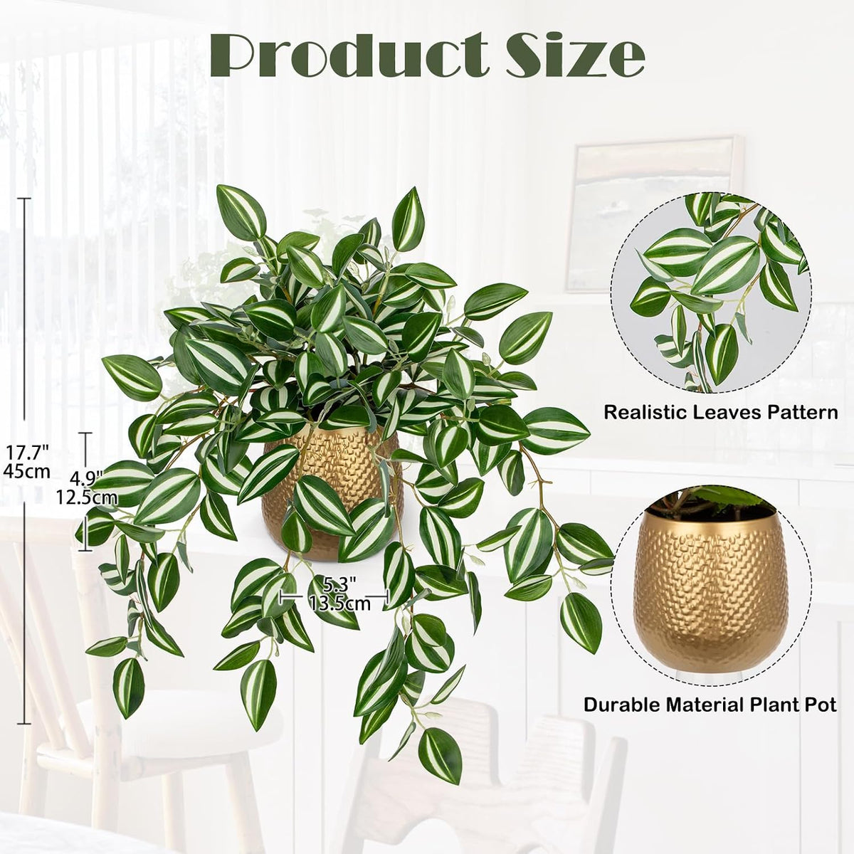 Artificial Potted Plant Indoor, 17.7" Faux Watermelon Peperomia Trailing Plant in White Plastic Pot Realistic Fake Cascading Greenery for Shelf Bathroom Office Desk Tabletop Home Decor