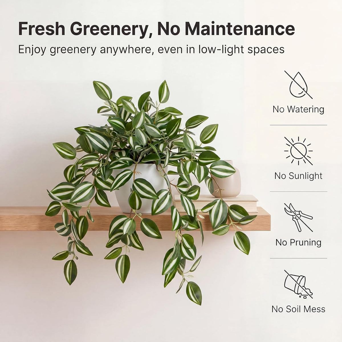 Artificial Potted Plant Indoor, 17.7" Faux Watermelon Peperomia Trailing Plant in White Plastic Pot Realistic Fake Cascading Greenery for Shelf Bathroom Office Desk Tabletop Home Decor