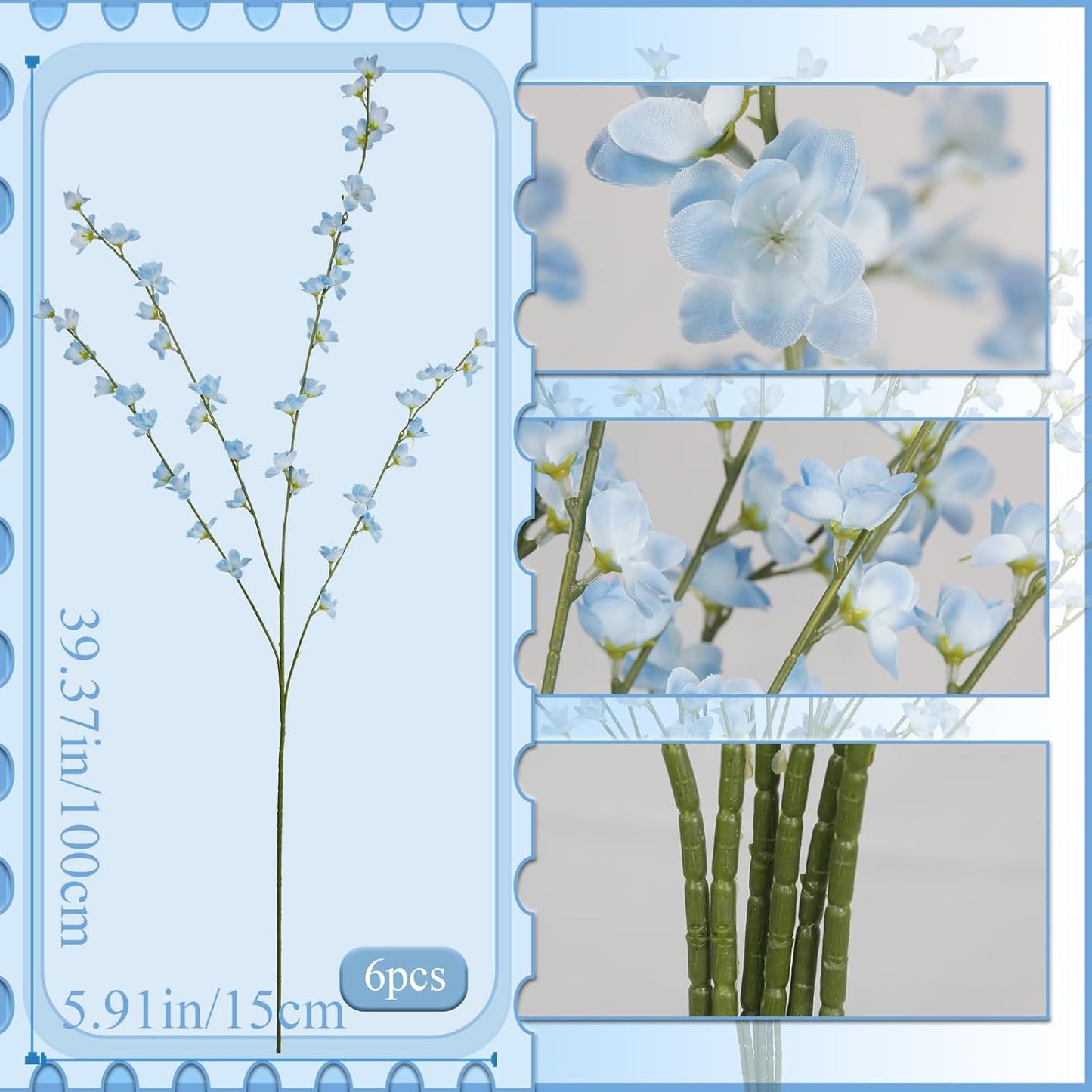 6 Pcs Artificial Forsythia Branches Fake Wildflowers Baby Blue 41" Silk Flowers with Long Stems Faux Spring Flowers for Tall Vase Indoor Home Decor Table Centerpieces Party Wedding Outdoor
