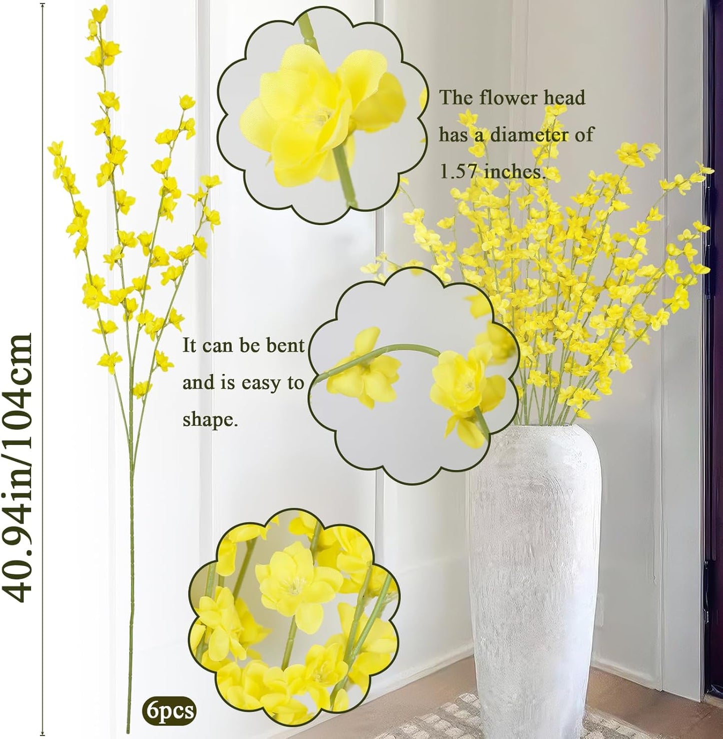6 Pcs Artificial Forsythia Branches Fake Wildflowers Baby Blue 41" Silk Flowers with Long Stems Faux Spring Flowers for Tall Vase Indoor Home Decor Table Centerpieces Party Wedding Outdoor