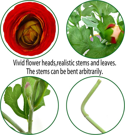 6 Pcs Purplish Red Ranunculus Artificial Flowers,Artificial Faux Silk Ranunculus Flowers with Real Touch Stems,Fake Peony Flowers for Floral Arrangements DIY Wedding Bouquet Party Table Home Decor