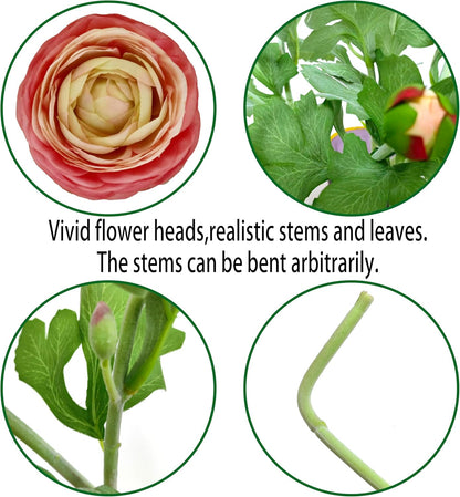 6 Pcs Purplish Red Ranunculus Artificial Flowers,Artificial Faux Silk Ranunculus Flowers with Real Touch Stems,Fake Peony Flowers for Floral Arrangements DIY Wedding Bouquet Party Table Home Decor