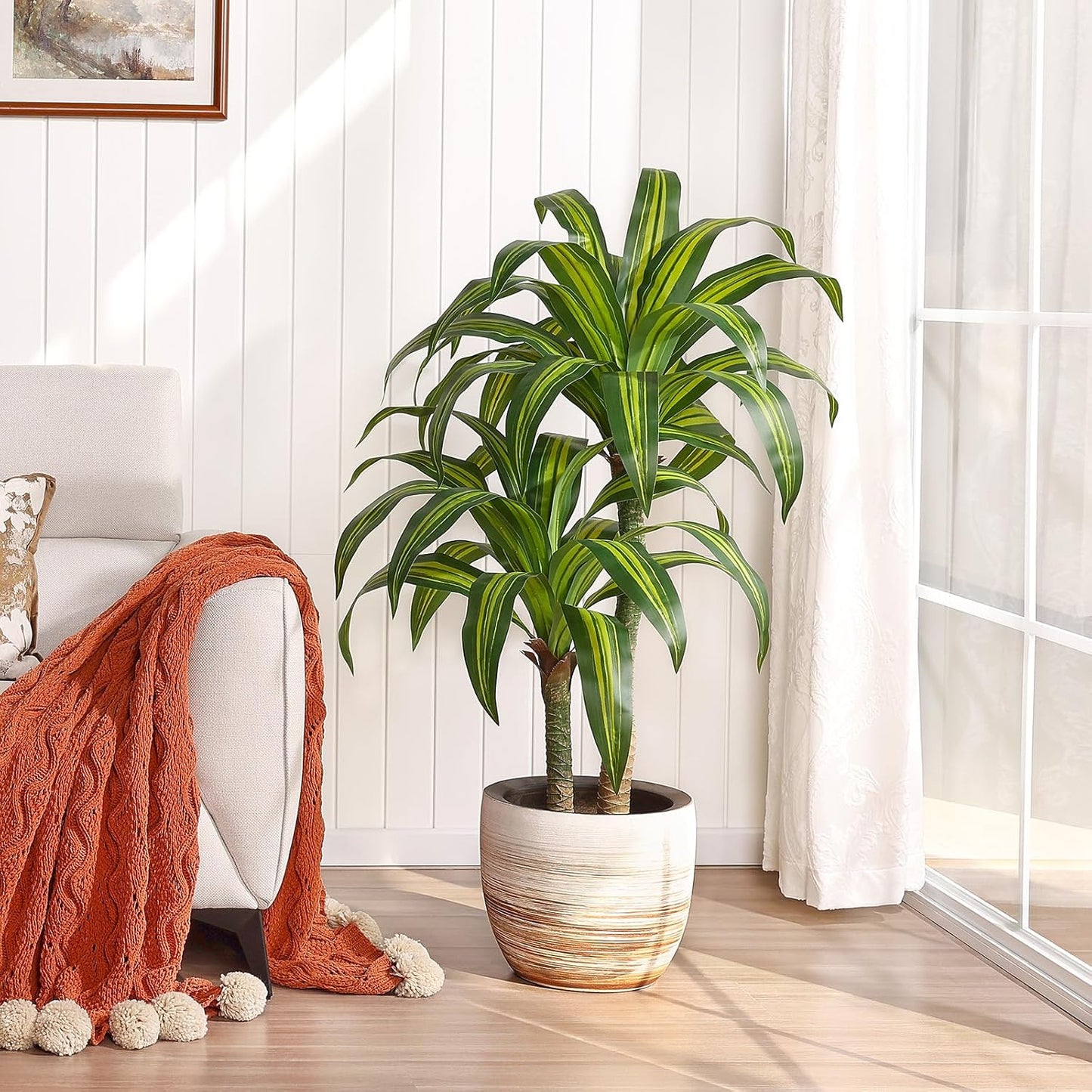 Artificial Dracaena Tree 5FT – Faux Yucca Floor Plant with Silk Leaves & Natural Trunk – Cement-Weighted Pot for Indoor Decor, Office, Living Room, Porch, Entryway, VN225