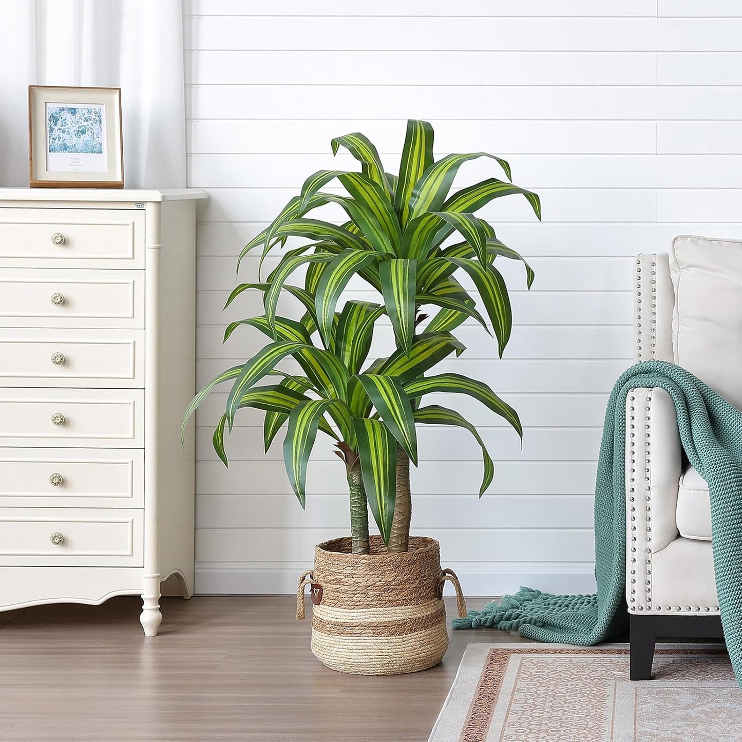 Artificial Dracaena Tree 5FT – Faux Yucca Floor Plant with Silk Leaves & Natural Trunk – Cement-Weighted Pot for Indoor Decor, Office, Living Room, Porch, Entryway, VN225