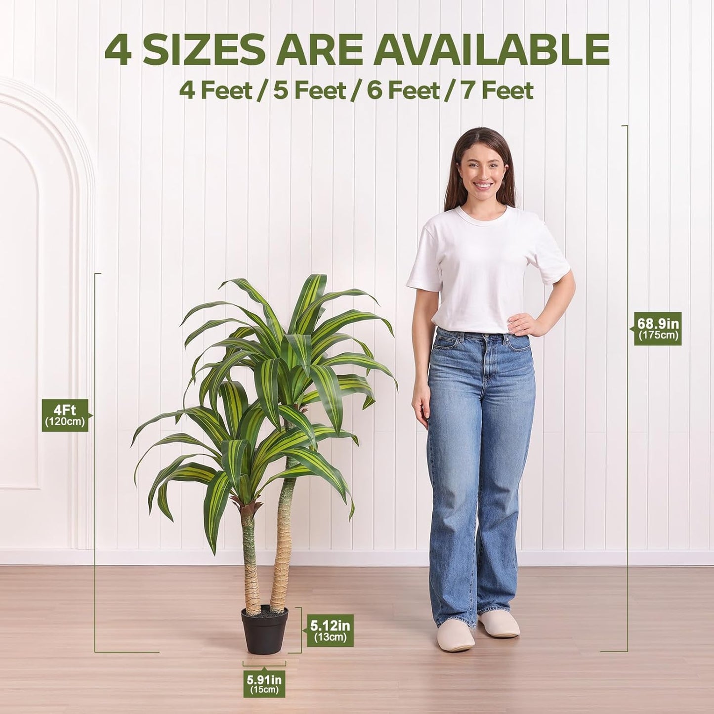 Artificial Dracaena Tree 5FT – Faux Yucca Floor Plant with Silk Leaves & Natural Trunk – Cement-Weighted Pot for Indoor Decor, Office, Living Room, Porch, Entryway, VN225