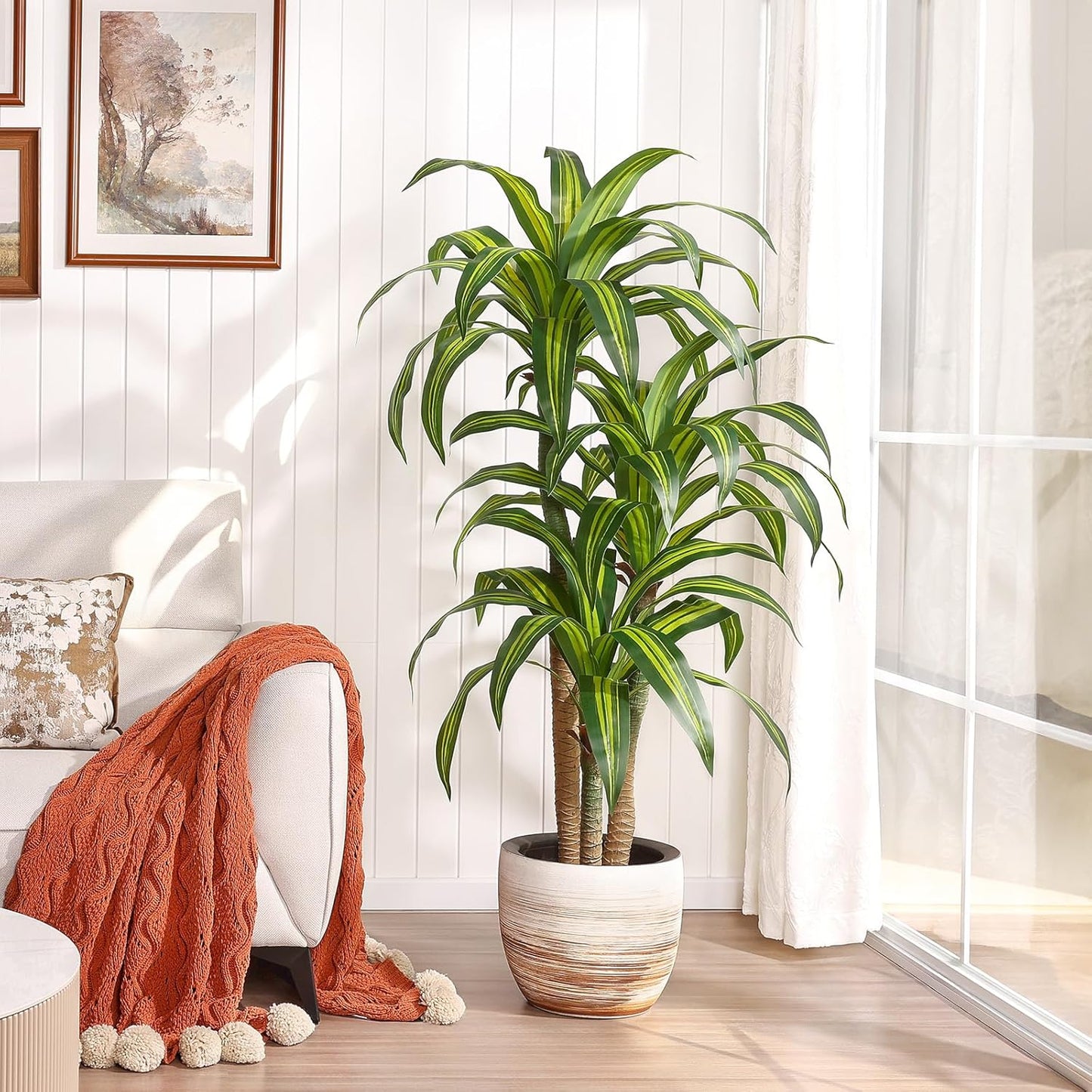 Artificial Dracaena Tree 5FT – Faux Yucca Floor Plant with Silk Leaves & Natural Trunk – Cement-Weighted Pot for Indoor Decor, Office, Living Room, Porch, Entryway, VN225