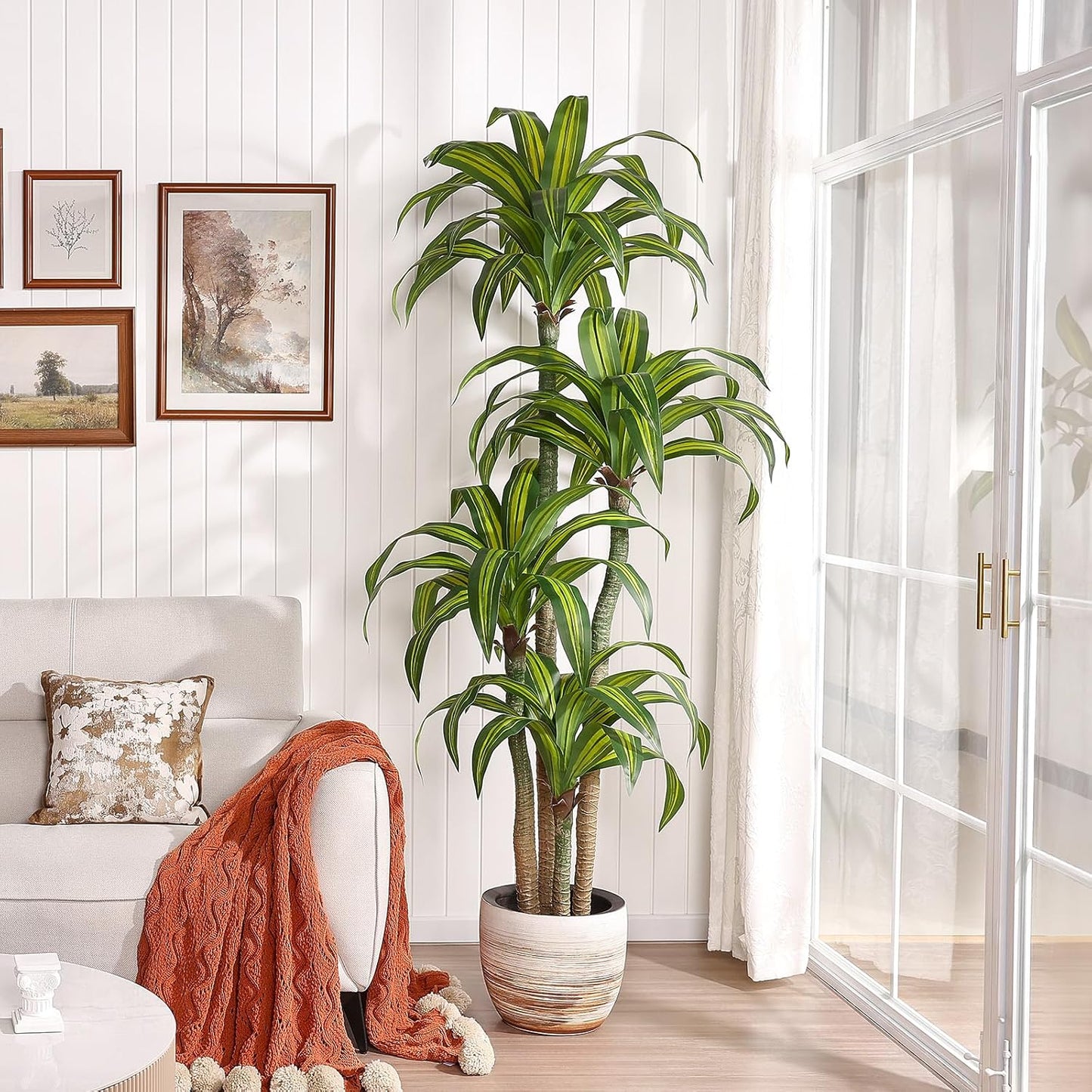 Artificial Dracaena Tree 5FT – Faux Yucca Floor Plant with Silk Leaves & Natural Trunk – Cement-Weighted Pot for Indoor Decor, Office, Living Room, Porch, Entryway, VN225