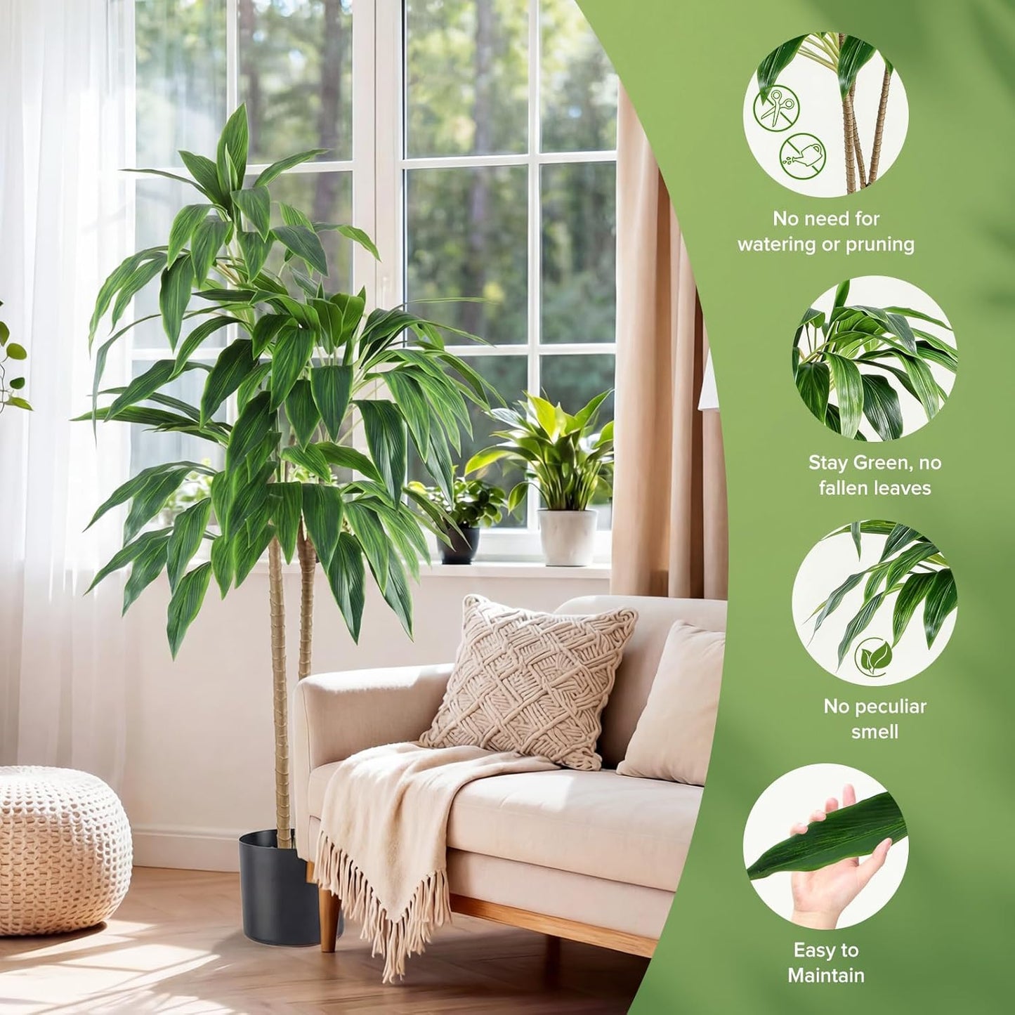DUMOS 51in Artificial Dracaena Tree, Realistic Faux Indoor Floor Plant with Lifelike Leaves and Black Planter Pot, Adjustable Branches for Living Room, Bedroom and Office Decor