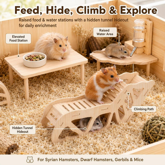 3-Piece Hamster Wood Platform Set with Tunnel Hideout, Natural Cage Accessories with Hides, Food & Water Stations, Climbing & Burrowing for Dwarf, Syrian Hamsters, Mice & Gerbils