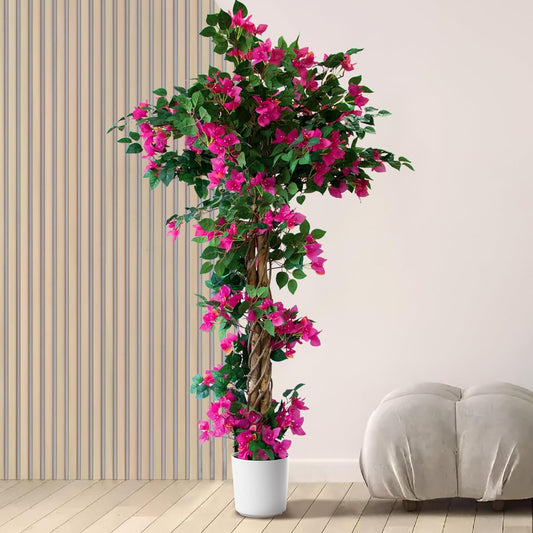 5FT Tall Bougainvillea Artificial Tree for Outdoors or Indoors, Faux Tree Realistic Wood with Flowers in Plastic Pot Front Porch Plants, Home, Office, Living Room