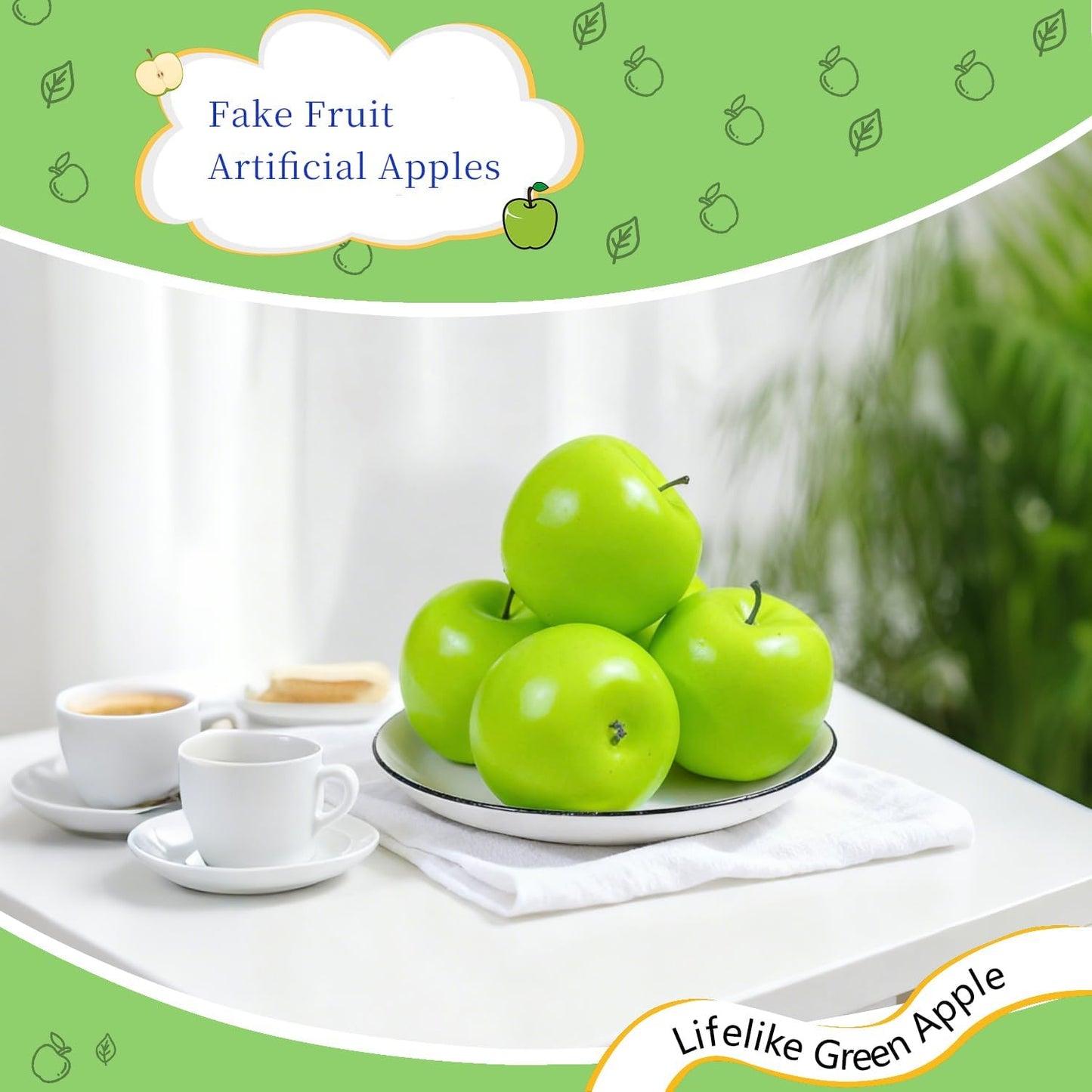 Fake Fruits Artificial Apples, Green, Set of 12 | Realistic Faux Apple, Kitchen Counter Decor, Table Centerpiece Bowl Fillers