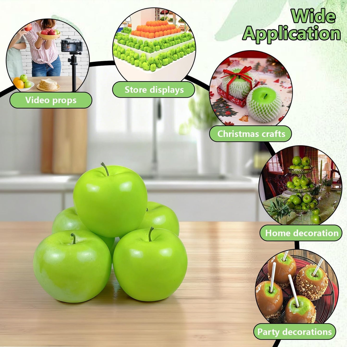 Fake Fruits Artificial Apples, Green, Set of 12 | Realistic Faux Apple, Kitchen Counter Decor, Table Centerpiece Bowl Fillers