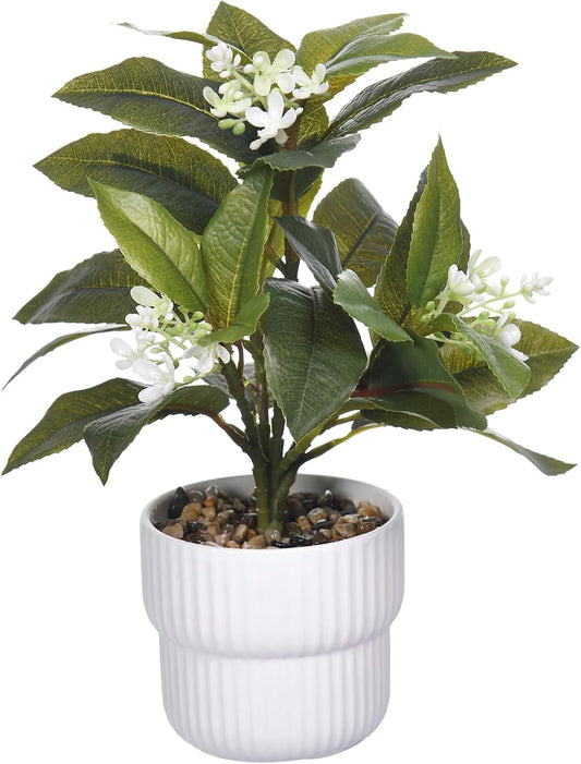 Artificial Potted Plant with White Ceramic Pot Fake Foliage and Flowers for Indoor Office Bathroom Home Décor