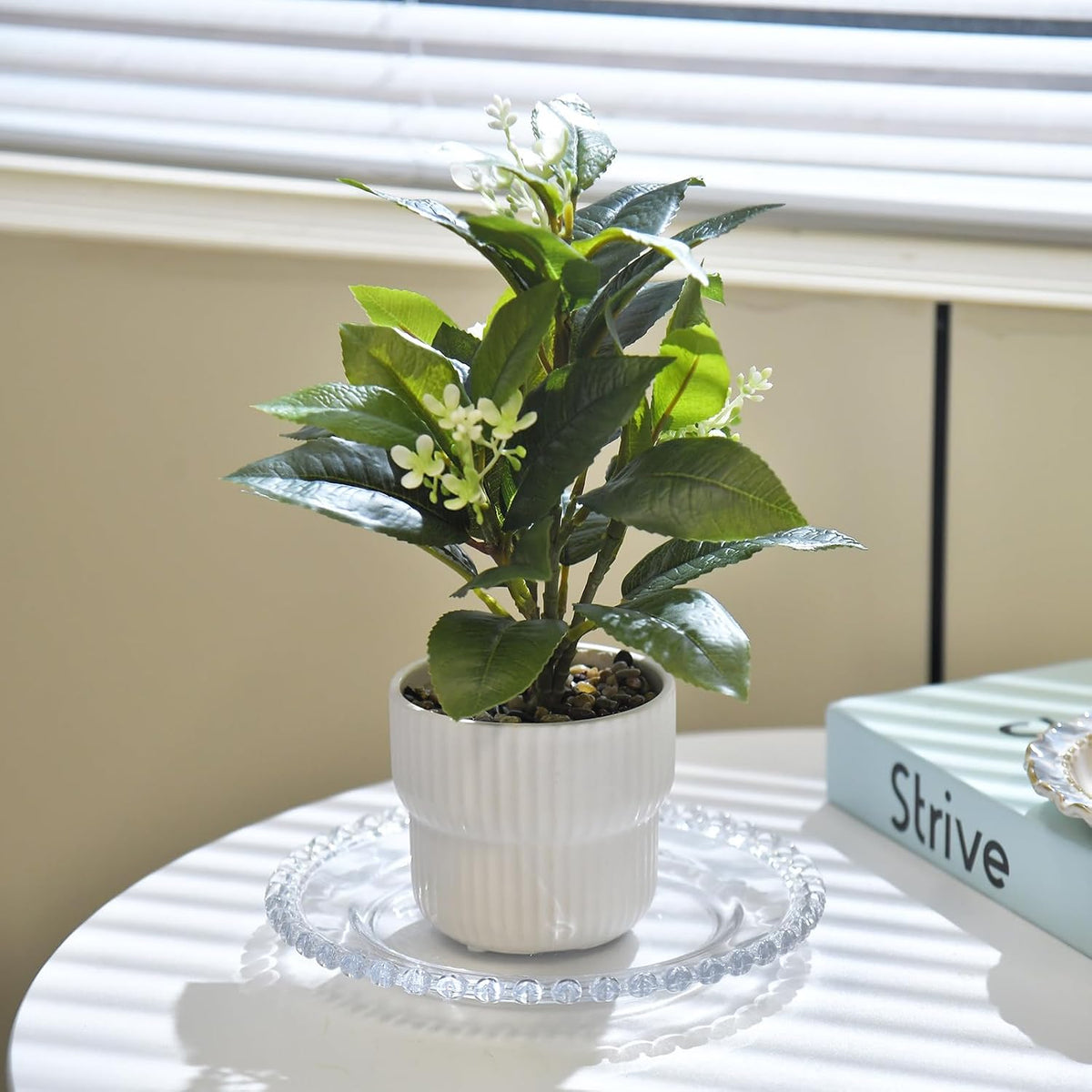 Artificial Potted Plant with White Ceramic Pot Fake Foliage and Flowers for Indoor Office Bathroom Home Décor