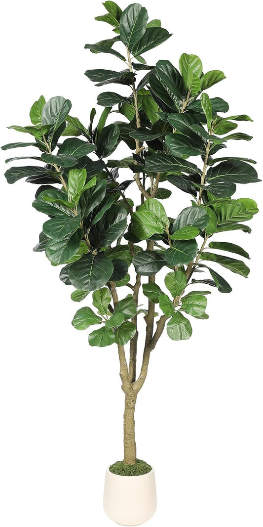 Artificial Fiddle Leaf Fig Tree 7FT for Faux Plants Indoor Home Green Decor | Tall Faux Ficus Lyrata Tree with White Planter 35g Moss for Indoor Home Decor Office Living Room Floor Plants Gift