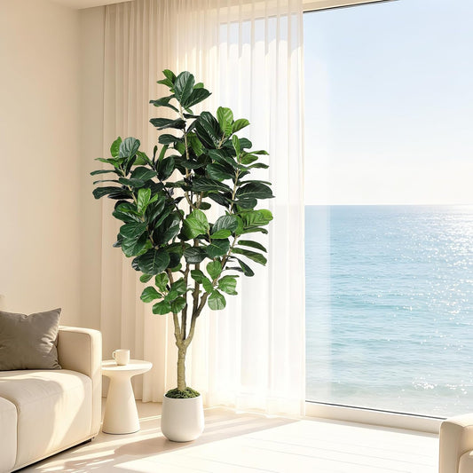 Artificial Fiddle Leaf Fig Tree 7FT for Faux Plants Indoor Home Green Decor | Tall Faux Ficus Lyrata Tree with White Planter 35g Moss for Indoor Home Decor Office Living Room Floor Plants Gift