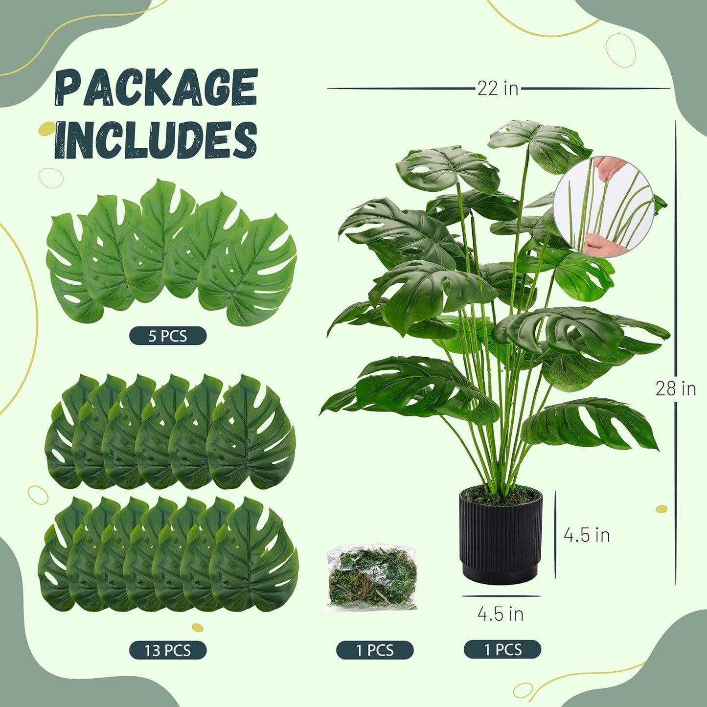 28" Fake Plants Large Artificial Monstera Faux Potted Plants Indoor Tall for Outdoor Living Room House Floor Front Porch Tree Decor