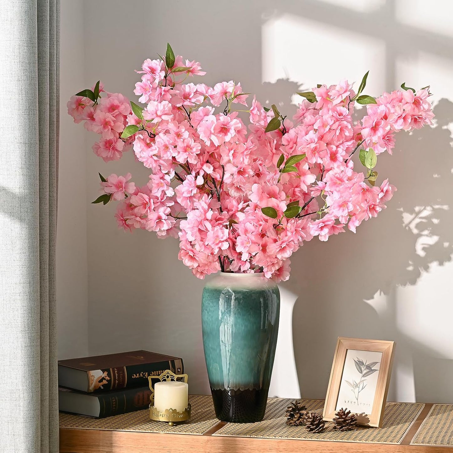 Silk Cherry Blossom Branches, Artificial Cherry Blossom Tree Stems Faux Cherry Flowers Vase Arrangements for Wedding Home Decor, Set of 3