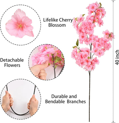 Silk Cherry Blossom Branches, Artificial Cherry Blossom Tree Stems Faux Cherry Flowers Vase Arrangements for Wedding Home Decor, Set of 3