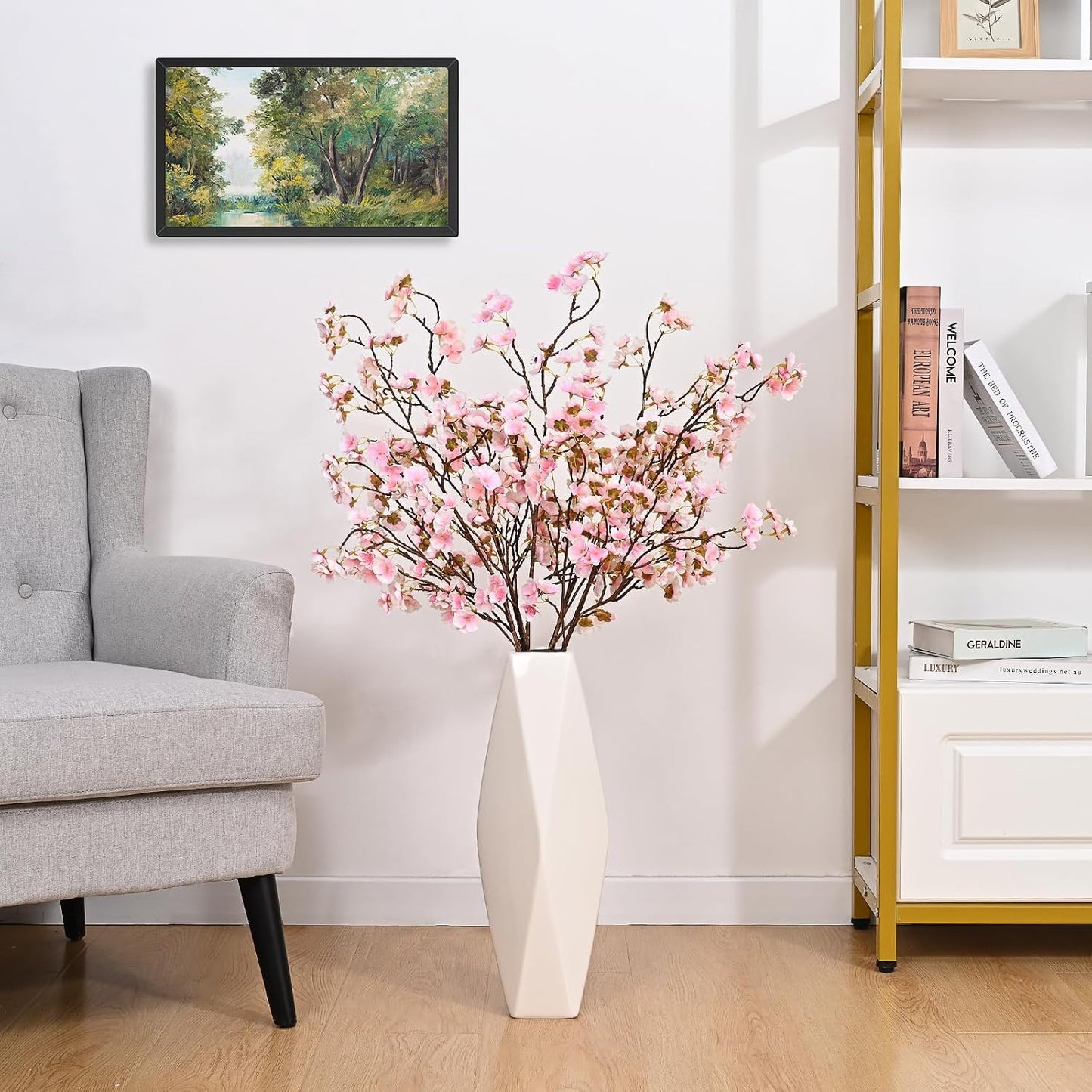 Silk Cherry Blossom Branches, Artificial Cherry Blossom Tree Stems Faux Cherry Flowers Vase Arrangements for Wedding Home Decor, Set of 3