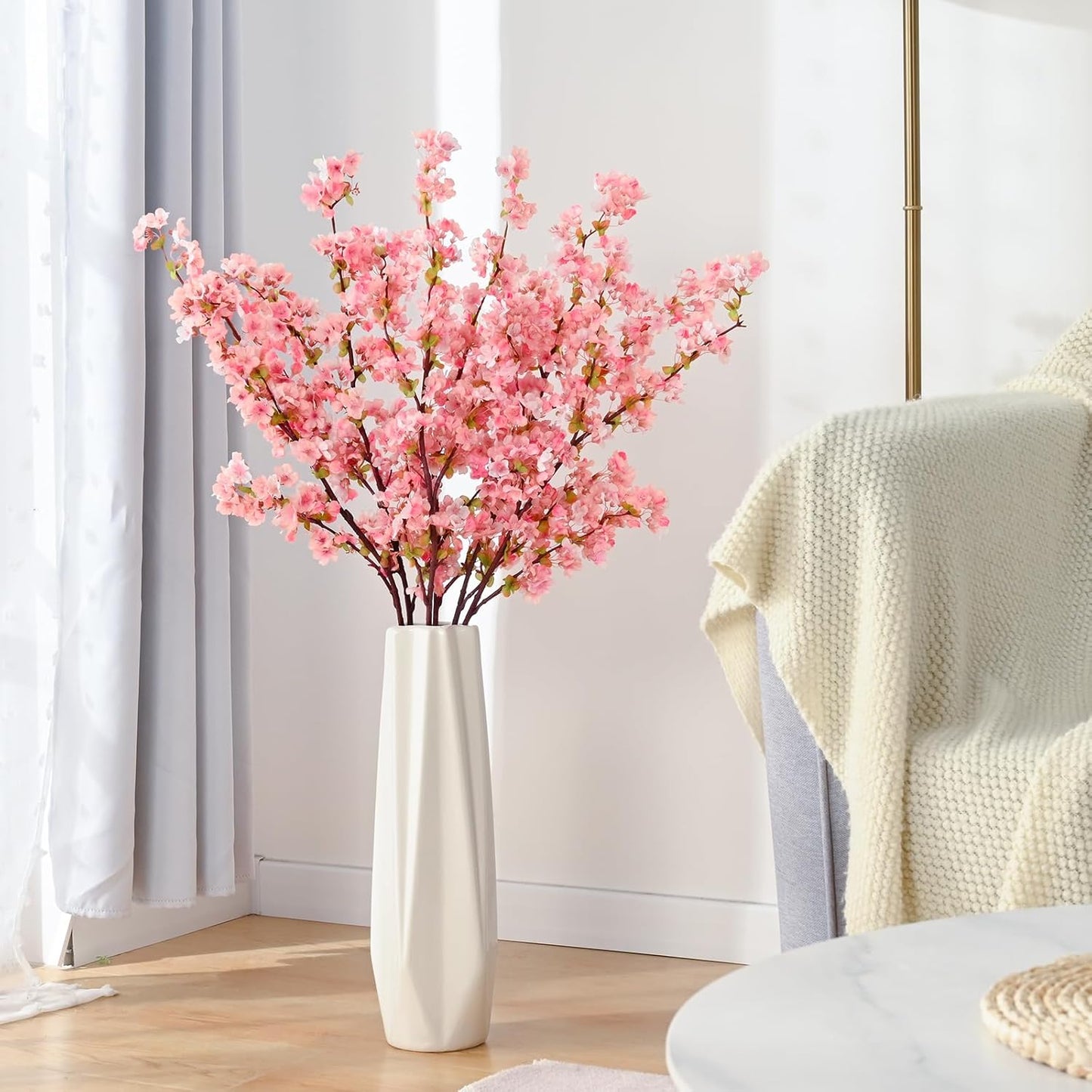 Silk Cherry Blossom Branches, Artificial Cherry Blossom Tree Stems Faux Cherry Flowers Vase Arrangements for Wedding Home Decor, Set of 3
