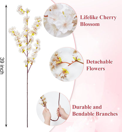 Silk Cherry Blossom Branches, Artificial Cherry Blossom Tree Stems Faux Cherry Flowers Vase Arrangements for Wedding Home Decor, Set of 3