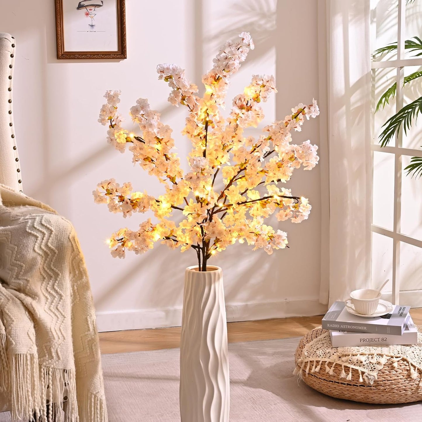 Silk Cherry Blossom Branches, Artificial Cherry Blossom Tree Stems Faux Cherry Flowers Vase Arrangements for Wedding Home Decor, Set of 3