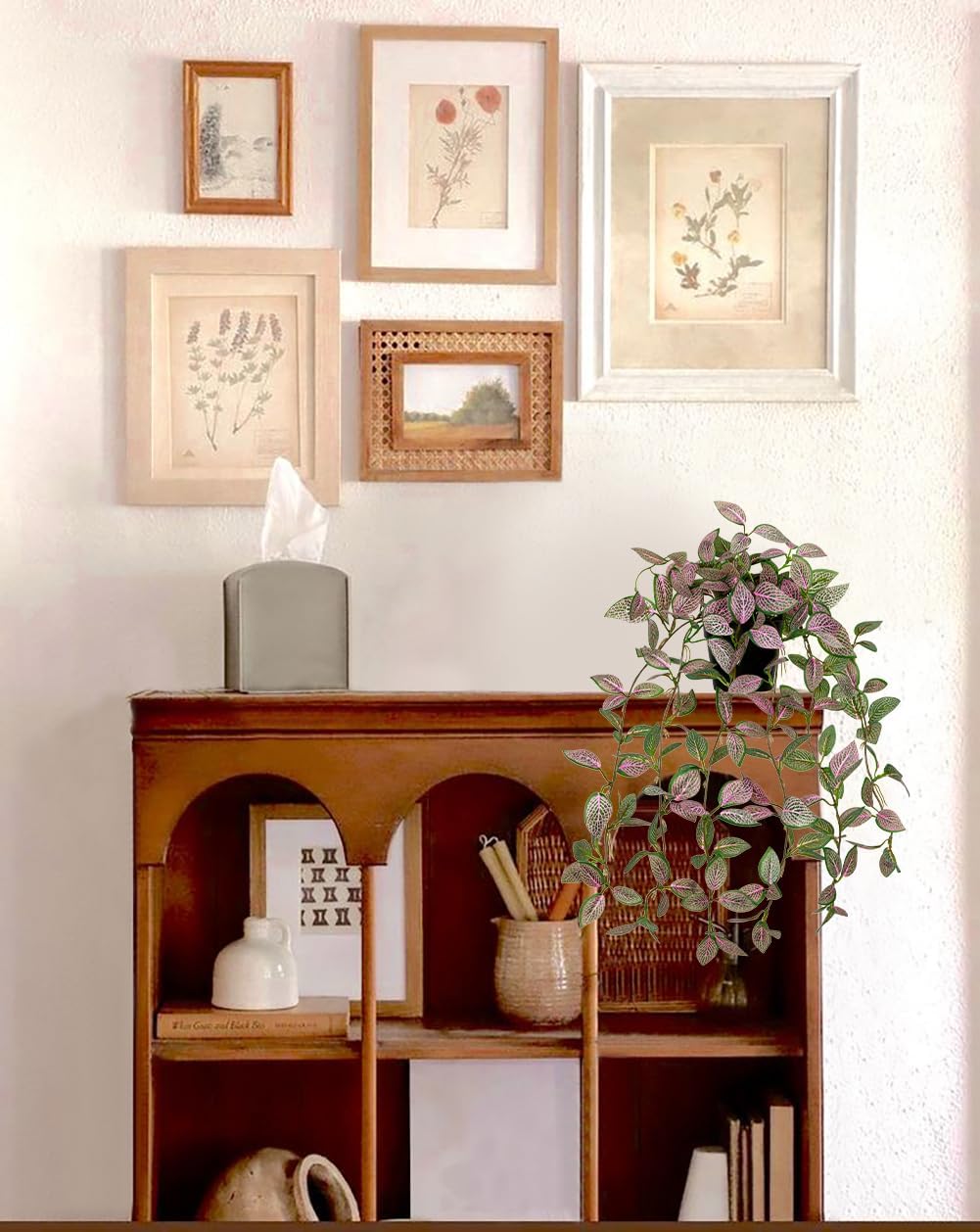 2 Pack Fake Hanging Plants for Shelf in Back Pot, Small Artificial Hanging Ivy Vine Plants Indoor Fake Potted Greenery Plant Decor Room Bathroom Wall End Table Mimi Faux Wandering Jew Plant Set