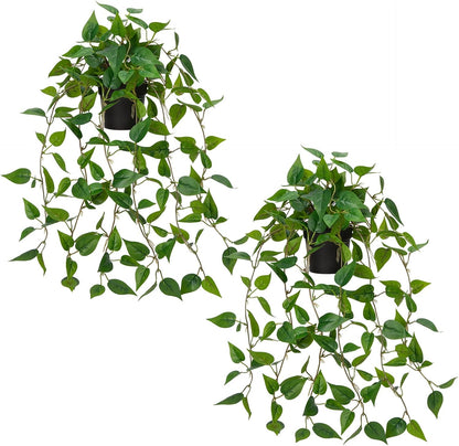 2 Pack Fake Hanging Plants for Shelf in Back Pot, Small Artificial Hanging Ivy Vine Plants Indoor Fake Potted Greenery Plant Decor Room Bathroom Wall End Table Mimi Faux Wandering Jew Plant Set