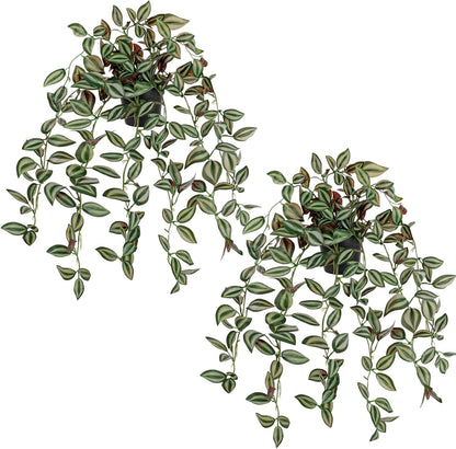 2 Pack Fake Hanging Plants for Shelf in Back Pot, Small Artificial Hanging Ivy Vine Plants Indoor Fake Potted Greenery Plant Decor Room Bathroom Wall End Table Mimi Faux Wandering Jew Plant Set