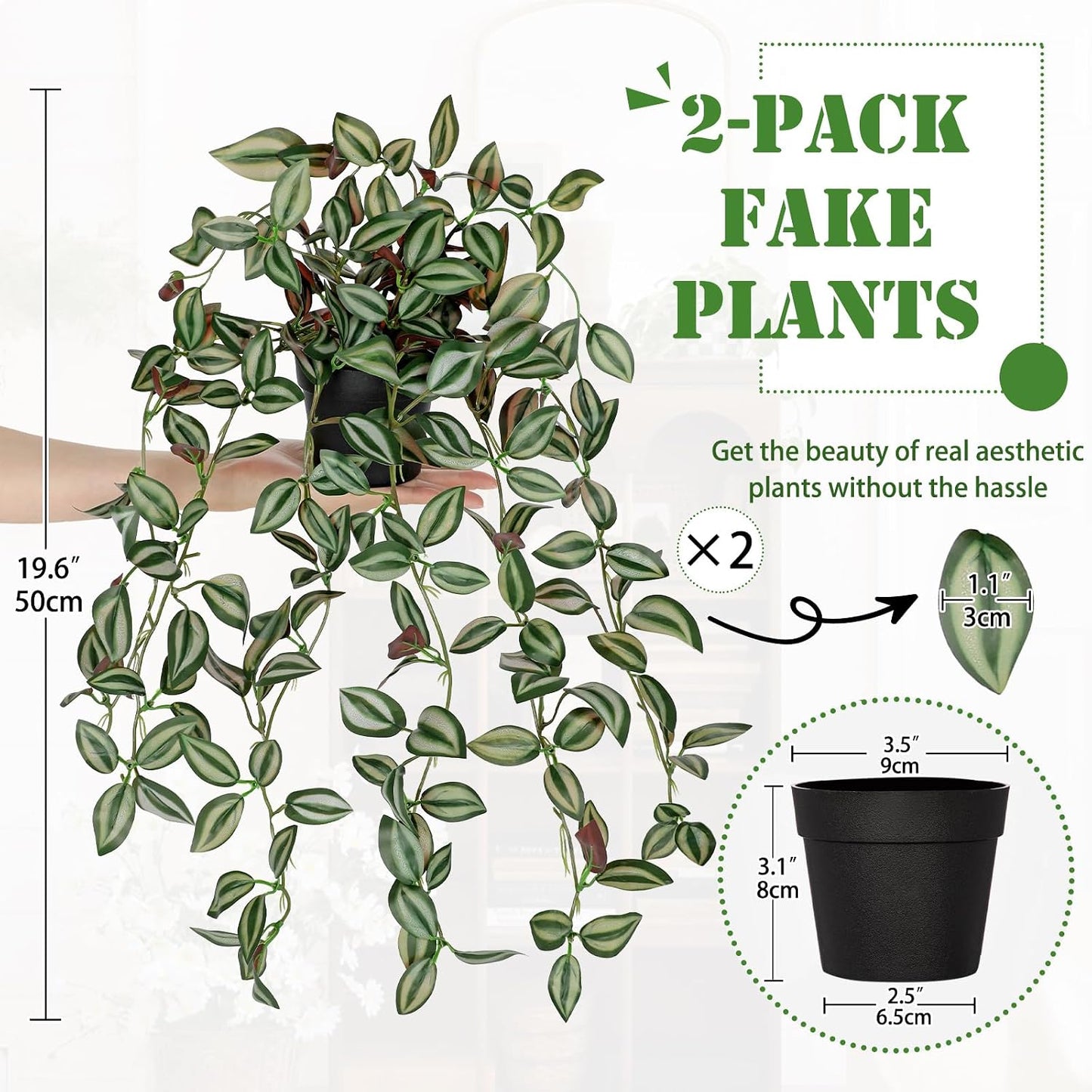 2 Pack Fake Hanging Plants for Shelf in Back Pot, Small Artificial Hanging Ivy Vine Plants Indoor Fake Potted Greenery Plant Decor Room Bathroom Wall End Table Mimi Faux Wandering Jew Plant Set