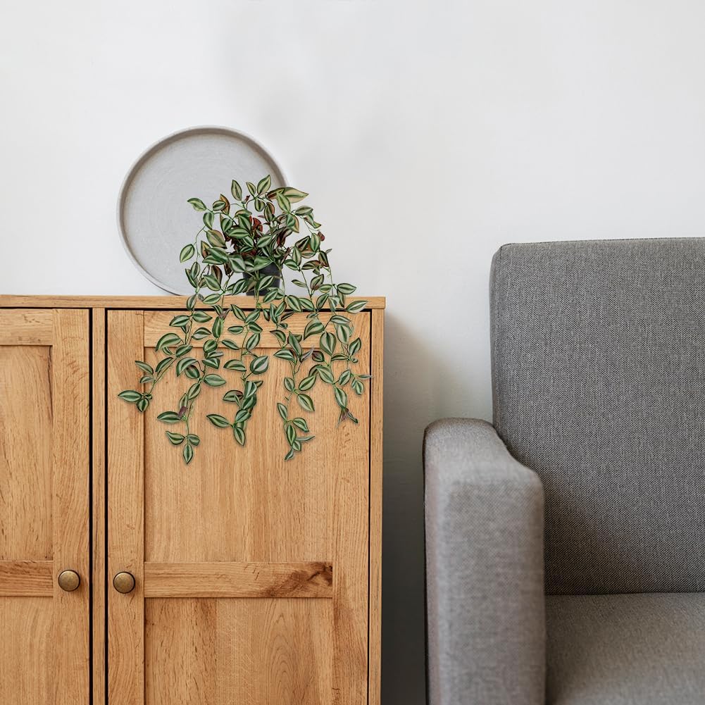 2 Pack Fake Hanging Plants for Shelf in Back Pot, Small Artificial Hanging Ivy Vine Plants Indoor Fake Potted Greenery Plant Decor Room Bathroom Wall End Table Mimi Faux Wandering Jew Plant Set