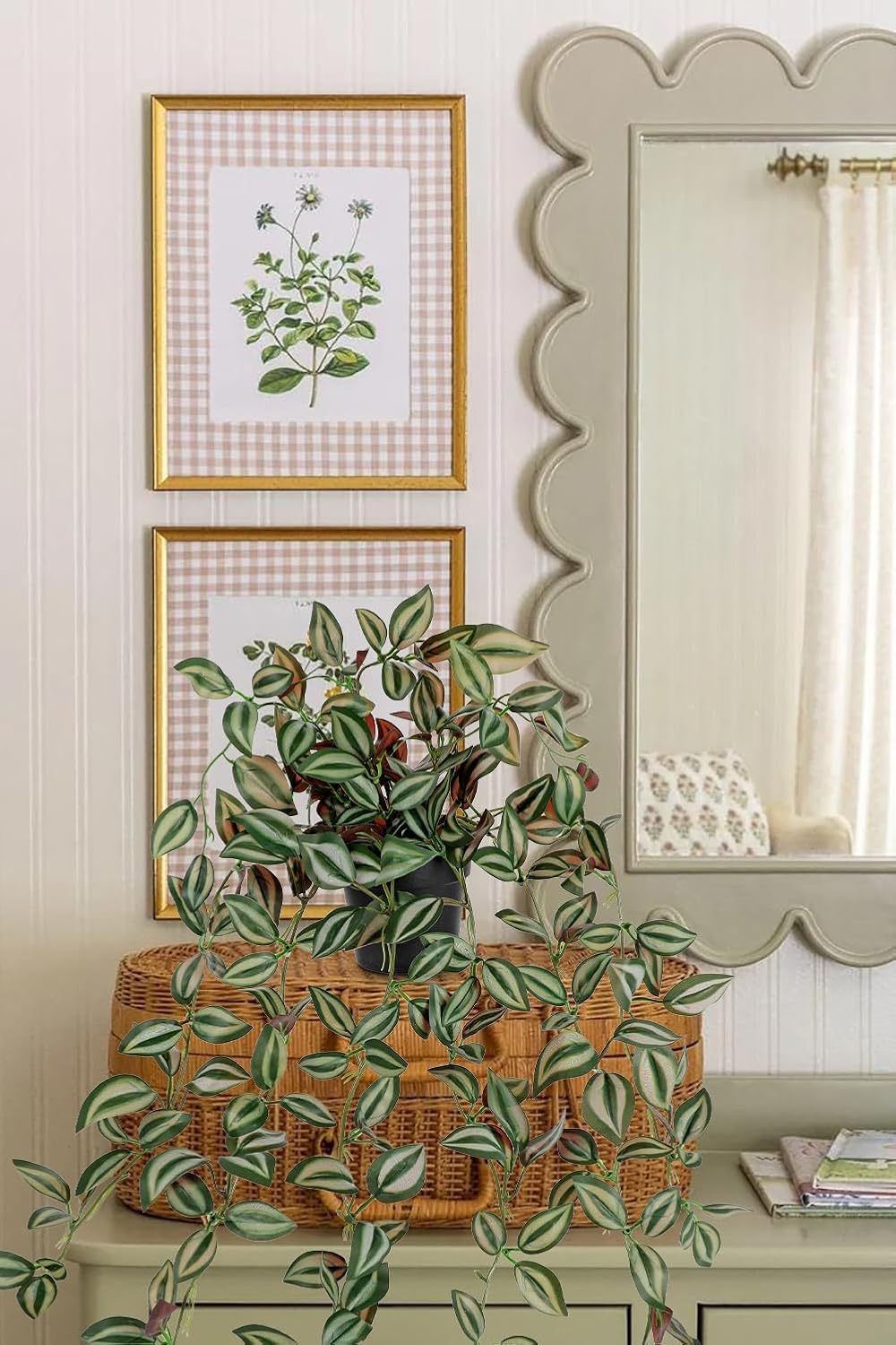 2 Pack Fake Hanging Plants for Shelf in Back Pot, Small Artificial Hanging Ivy Vine Plants Indoor Fake Potted Greenery Plant Decor Room Bathroom Wall End Table Mimi Faux Wandering Jew Plant Set