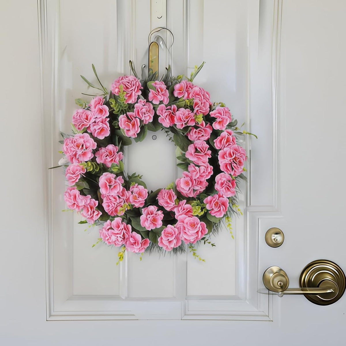 Spring Summer Wreaths for Front Door 24 Inch Pink Artificial Geranium Wreath with Blessed Hanging Sign for Indoor and Outdoor Decor