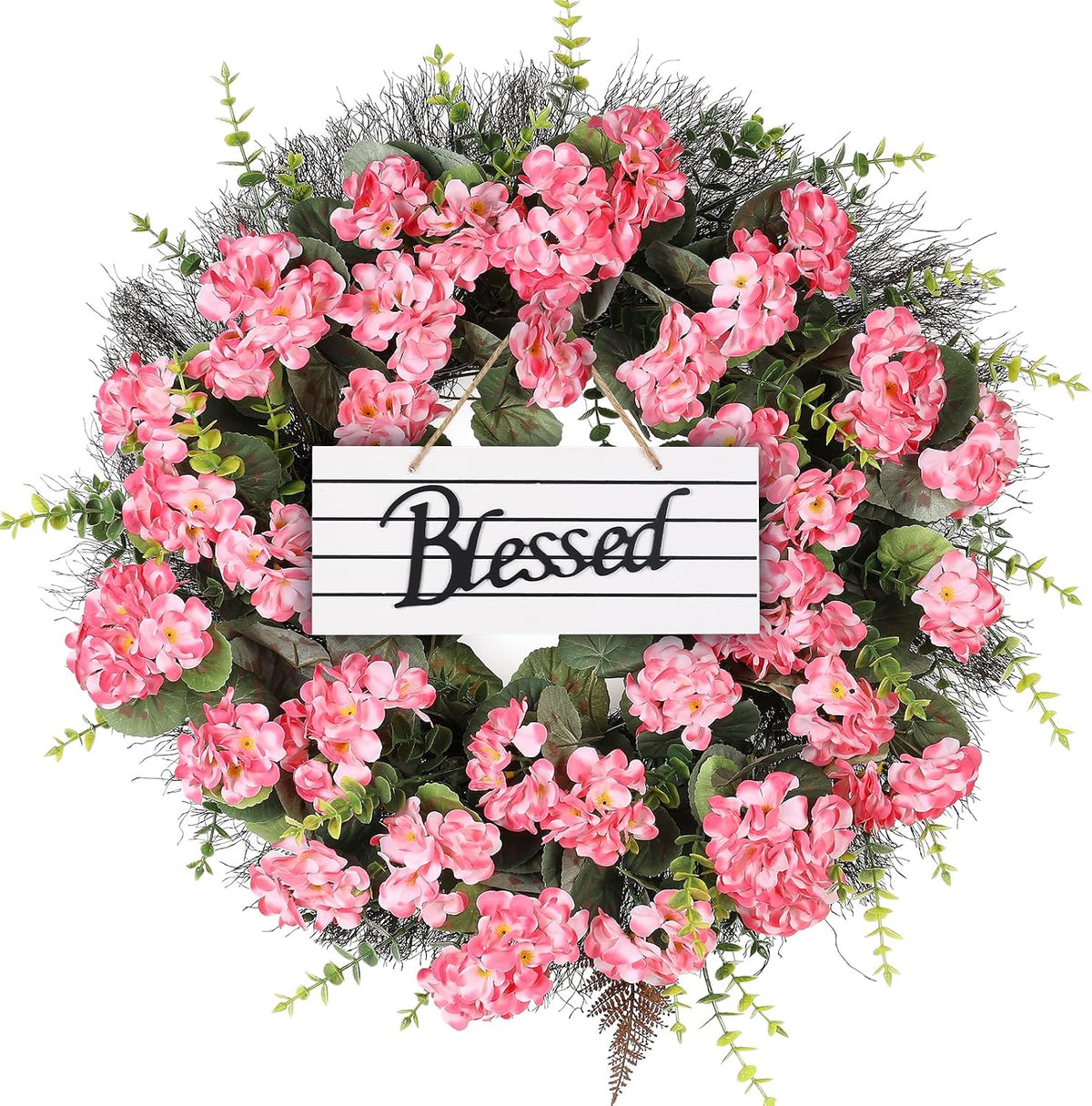 Spring Summer Wreaths for Front Door 24 Inch Pink Artificial Geranium Wreath with Blessed Hanging Sign for Indoor and Outdoor Decor