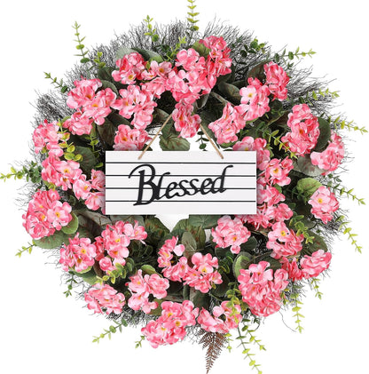 Spring Summer Wreaths for Front Door 24 Inch Pink Artificial Geranium Wreath with Blessed Hanging Sign for Indoor and Outdoor Decor