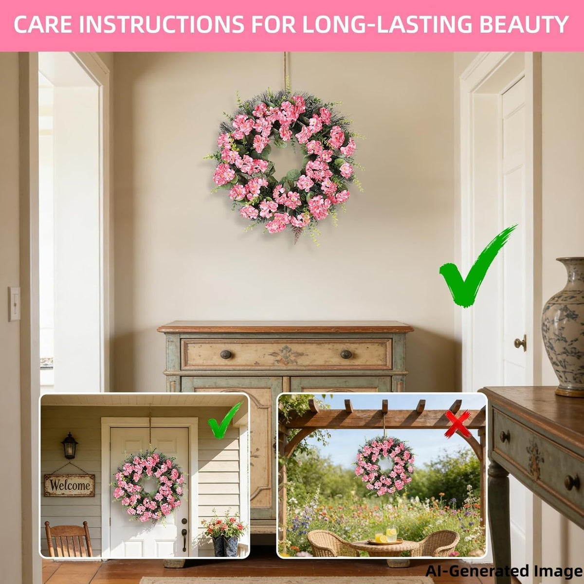 Spring Summer Wreaths for Front Door 24 Inch Pink Artificial Geranium Wreath with Blessed Hanging Sign for Indoor and Outdoor Decor